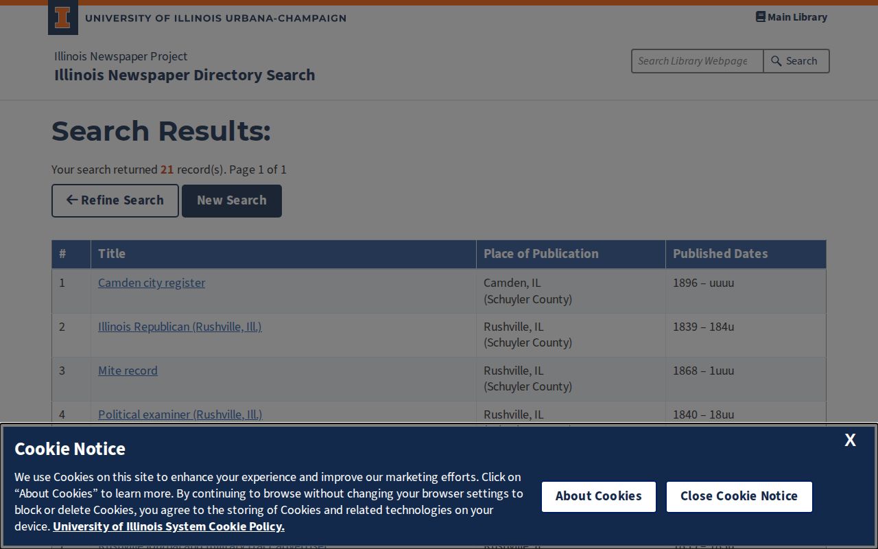 University of Illinois Newspaper Project source for historical Schuyler County news coverage