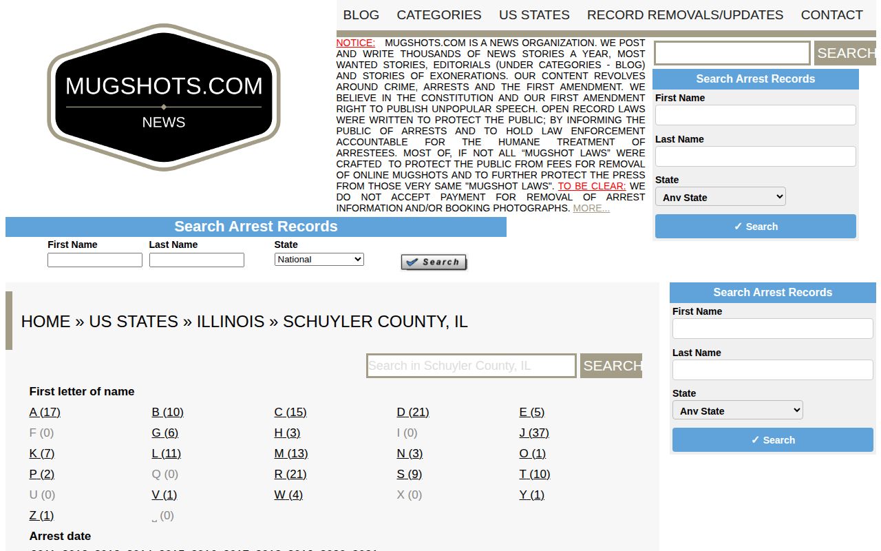 Unofficial Mugshots.com Schuyler County directory shown as a secondary news and records resource