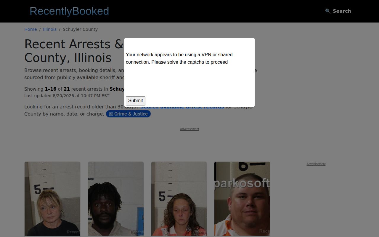 Unofficial RecentlyBooked Schuyler County recent-arrests page shown as a secondary source